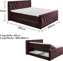 Boxspringbett >Cashfield< 6cm Topper, 2 Bettkästen, Bezugsstoff Aubergine gesteppt, Liegefläche 180x200cm - Stellmaß 200x113x225cm (BxHxT)
