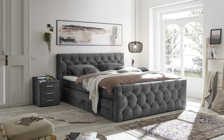 Boxspringbett >Cashfield< 6cm Topper, 2 Bettkästen, Bezugsstoff anthrazit gesteppt, Liegefläche 180x200cm - Stellmaß 200x113x225cm (BxHxT)