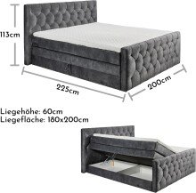 Boxspringbett >Cashfield< 6cm Topper, 2 Bettkästen, Bezugsstoff anthrazit gesteppt, Liegefläche 180x200cm - Stellmaß 200x113x225cm (BxHxT)