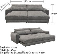 Big-Sofa >BARURA Loveseat< mit 4 Kissen, Bezug Cord-Optik anthrazit "ash" - 292x90x194 (BxHxT)