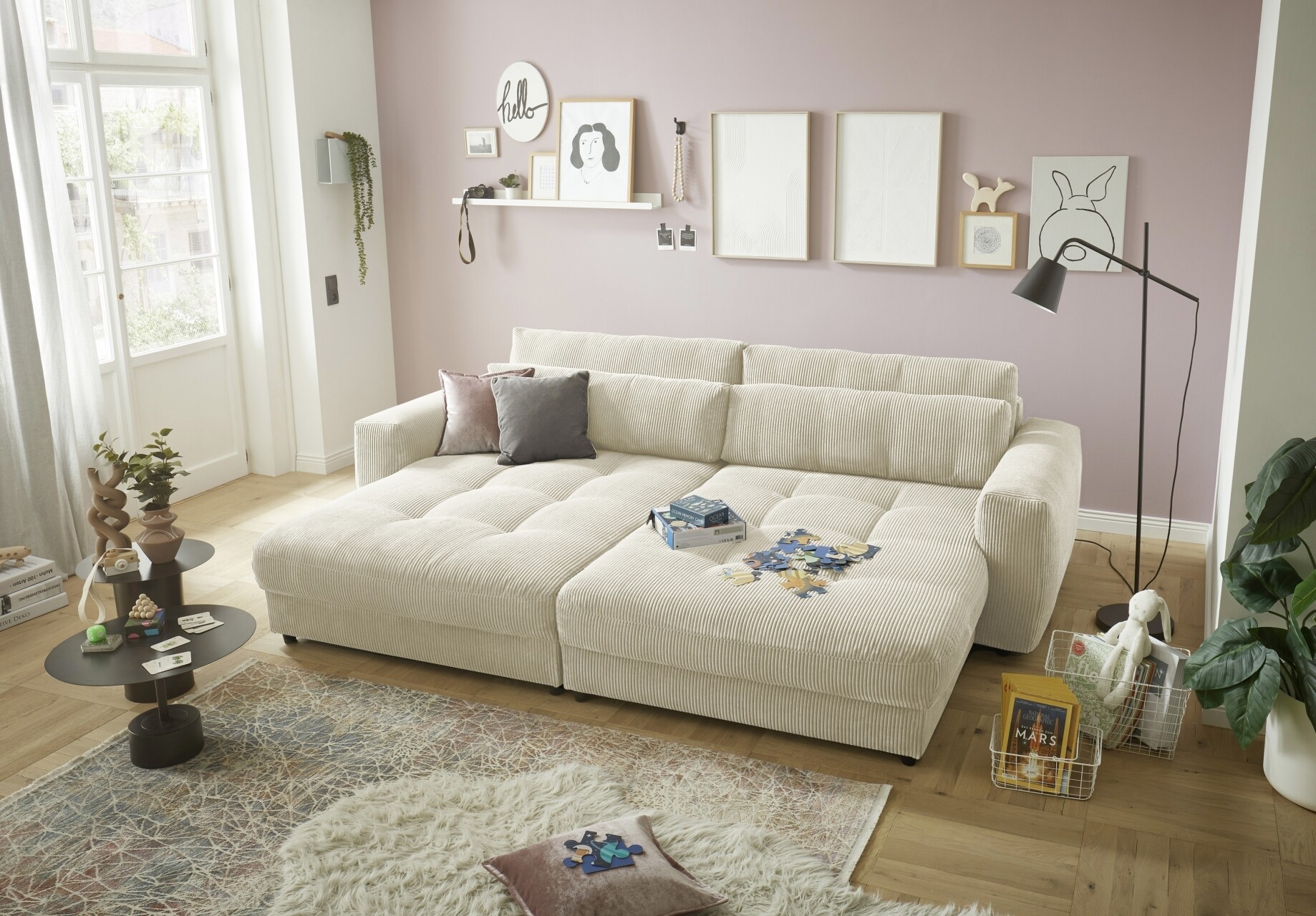 Big Sofa BARURA Loveseat mit 4 Kissen Bezug Cord Optik creme bei 1.329 95
