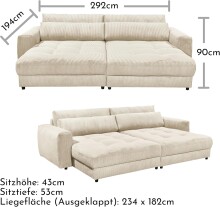 Big-Sofa >BARURA Loveseat< mit 4 Kissen, Bezug Cord-Optik creme / beige - 292x90x194 (BxHxT)
