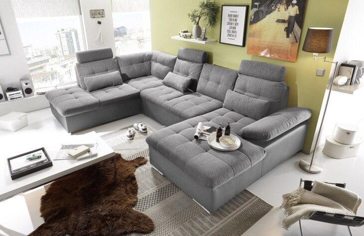 Wohnlandschaft >Jakarta< Schlaffunktion, Stauraum, 3 Kopfstützen, Armlehnverstellung, 3 Kissen, dunkelgrau / anthrazit - 324x107x170/218 (BxHxT)