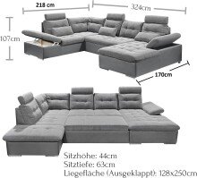 Wohnlandschaft >Jakarta< Schlaffunktion, Stauraum, 3 Kopfstützen, Armlehnverstellung, 3 Kissen, schwarz / anthrazit "lava" - 324x107x170/218 (BxHxT)