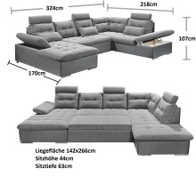 Wohnlandschaft >Jakarta< Schlaffunktion, Stauraum, 3 Kopfstützen, Armlehnverstellung, 3 Kissen, schwarz / anthrazit "lava" - 324x107x170/218 (BxHxT)