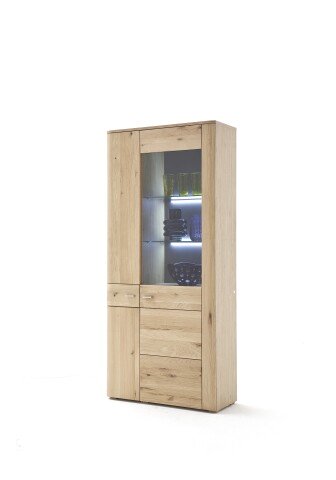 Stauraumvitrine >BUFFALO< 2 Türen, Front Massivholz, Korpus furniert, Balkeneiche Bianco geölt - 90x200x37 (BxHxT)