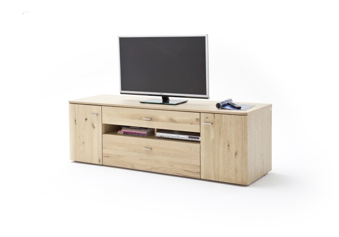 TV-Board >BUFFALO< 2 Türen, 2 Schubladen, Front Massivholz, Korpus furniert, Balkeneiche Bianco geölt - 180x59x50 (BxHxT)