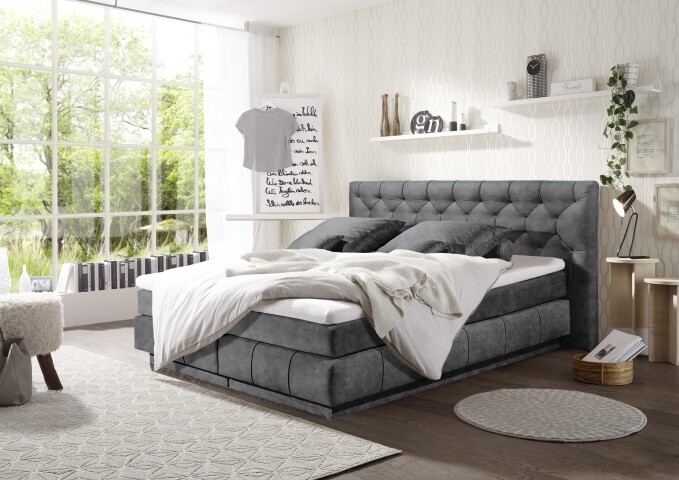 Boxspringbett >FLORENZ< 2x Bettkasten, 6cm Topper, 7 Zonen, Stoff anthrazit, abgesteppt, Liegefläche 180x200cm - Stellmaß 200x110x213 (BxHxT)