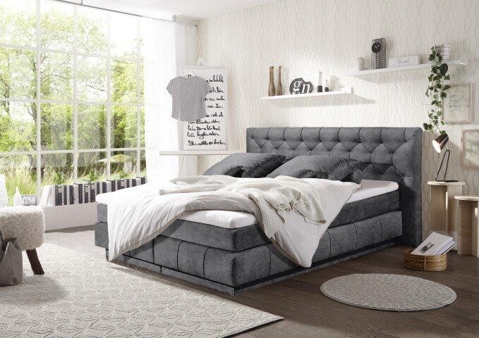 Boxspringbett >FLORENZ< 2x Bettkasten, 6cm Topper, 7 Zonen, Stoff anthrazit, abgesteppt, Liegefläche 180x200cm - Stellmaß 200x110x213 (BxHxT)