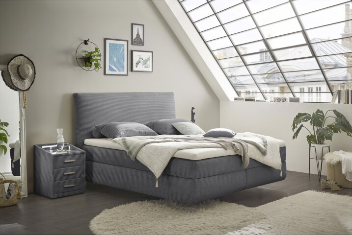 Boxspringbett >MARBELLA< inkl. 6cm Topper, Bezug Cord-Optik grau, Härtegrad 2/3 durch wenden, Liegefläche 180x200cm - Stellmaß 185x126x216 (BxHxT)