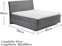 Boxspringbett >MARBELLA< inkl. 6cm Topper, Bezug Cord-Optik grau, Härtegrad 2/3 durch wenden, Liegefläche 180x200cm - Stellmaß 185x126x216 (BxHxT)