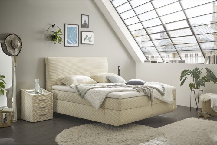 Boxspringbett >MARBELLA< inkl. 6cm Topper, Bezug Cord-Optik creme/beige, Härtegrad 2/3 durch wenden, Liegefläche 180x200cm - Stellmaß 185x126x216 (BxHxT)