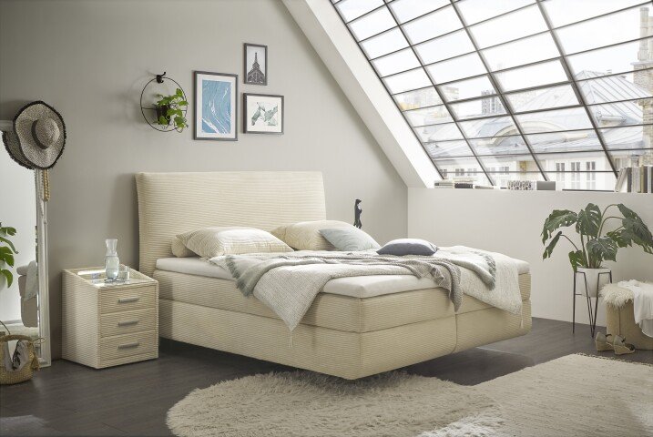 Boxspringbett >MARBELLA< inkl. 6cm Topper, Bezug Cord-Optik creme/beige, Härtegrad 2/3 durch wenden, Liegefläche 180x200cm - Stellmaß 185x126x216 (BxHxT)