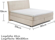 Boxspringbett >MARBELLA< inkl. 6cm Topper, Bezug Cord-Optik creme/beige, Härtegrad 2/3 durch wenden, Liegefläche 180x200cm - Stellmaß 185x126x216 (BxHxT)