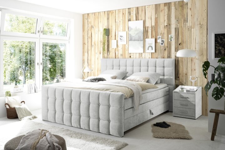 Boxspringbett >Mendoza< 7-Zonen, 2x Bettkasten, inkl. Topper (6cm), Stoff silber, Liegefläche 180x200cm - Stellmaß 203x120x222 (BxHxT)