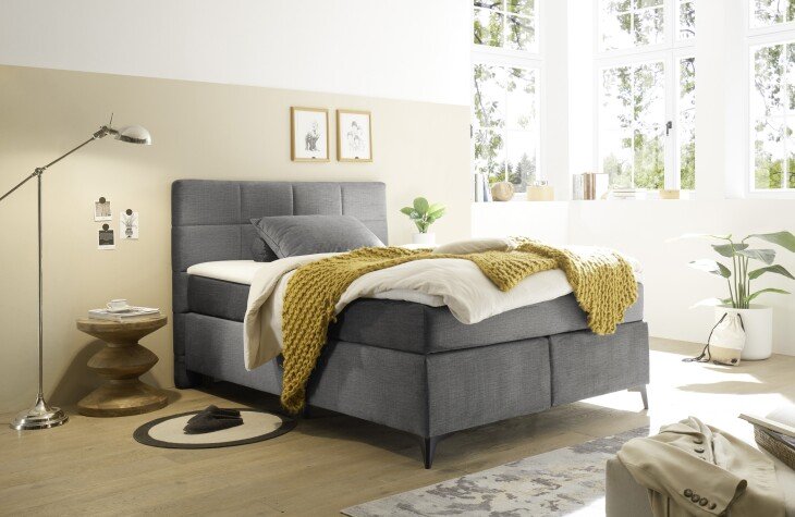 Boxspringbett >NAVARRA 140< 7-Zonen, 4cm Topper, Bezugsstoff grau, Liegefläche 140x200cm - Stellmaß 143x113x210 (BxHxT)