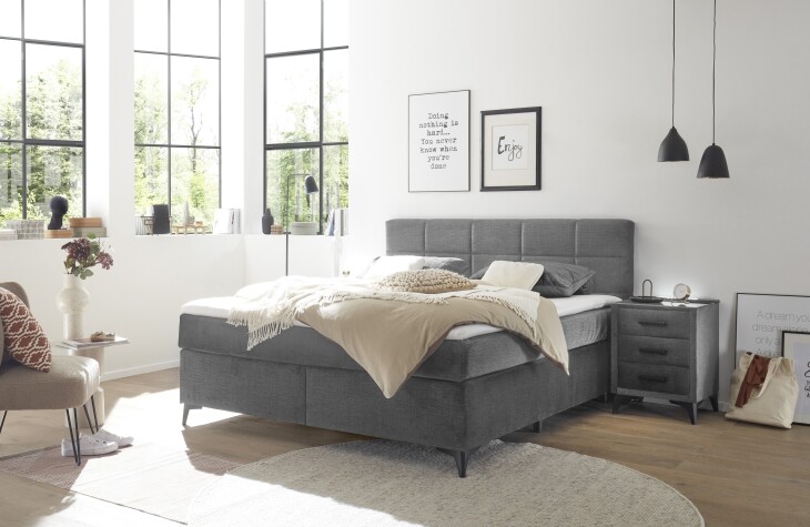 Boxspringbett >NAVARRA 180< 7-Zonen, 4cm Topper, Bezugsstoff grau, Liegefläche 180x200cm - Stellmaß 183x113x210 (BxHxT)