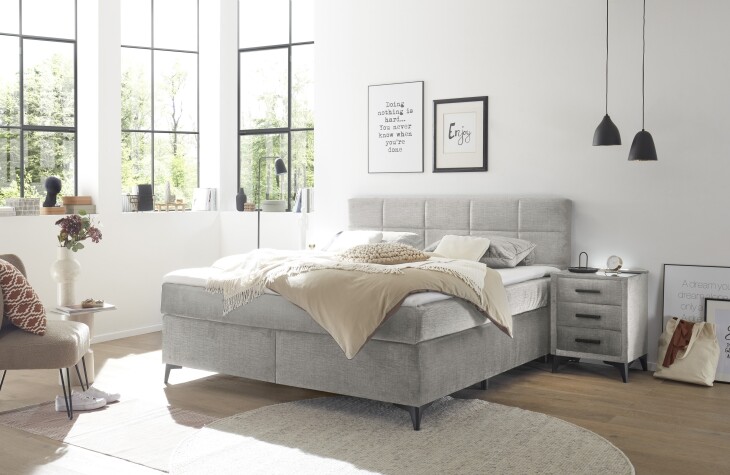 Boxspringbett >NAVARRA 180< 7-Zonen, 4cm Topper, Bezugsstoff silber, Liegefläche 180x200cm - Stellmaß 183x113x210 (BxHxT)