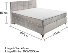 Boxspringbett >NAVARRA 180< 7-Zonen, 4cm Topper, Bezugsstoff silber, Liegefläche 180x200cm - Stellmaß 183x113x210 (BxHxT)