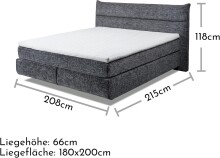 Boxspringbett >ZANDVOORT< 7-Zonen, 6cm Topper, Härtegrad 2/3 durch wenden, in anthrazit, Liegefläche 180x200cm - Stellmaß 208x118x215 (BxHxT)