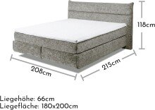 Boxspringbett >ZANDVOORT< 7-Zonen, 6cm Topper, Härtegrad 2/3 durch wenden, in grau, Liegefläche 180x200cm - Stellmaß 208x118x215 (BxHxT)