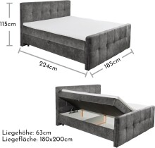 Boxspringbett >VALETTA< 2x Bettkasten, 7-Zonen, 6cm Topper, in anthrazit, Liegefläche 180x200cm - Stellmaß 185x115x224cm (BxHxT)