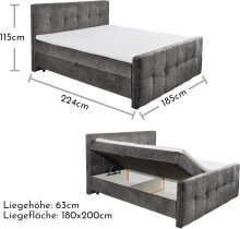 Boxspringbett >VALETTA< 2x Bettkasten, 7-Zonen, 6cm Topper, in anthrazit, Liegefläche 180x200cm - Stellmaß 185x115x224cm (BxHxT)