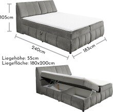 Boxspringbett >Valencia 180< 4x Bettkasten / Stauraum, inkl. Topper, Bezug graphite, Liegefläche 180x200cm - Stellmaß 183x105x240cm (BxHxT)