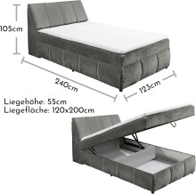 Boxspringbett >Valencia 120< 2x Bettkasten / Stauraum, inkl. Topper, Bezug graphite, Liegefläche 120x200cm - Stellmaß 123x105x240cm (BxHxT)