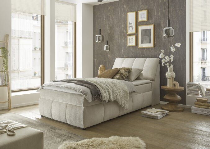 Boxspringbett >Valencia 120< 2x Bettkasten / Stauraum, inkl. Topper, Bezug Ivory cream, Liegefläche 120x200cm - Stellmaß 123x105x240cm (BxHxT)