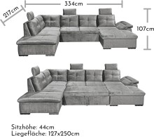 Wohnlandschaft >ALIJA< Schlaffunktion, Bettkasten, 3 Kopfstützen, Armlehnverstellung, in grau - 334x107x170/217 (BxHxT)