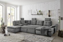 Wohnlandschaft >ALIJA< Schlaffunktion, Bettkasten, 3 Kopfstützen, Armlehnverstellung, in grau - 334x107x170/217 (BxHxT)