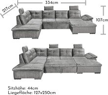 Wohnlandschaft >ALIJA< Schlaffunktion, Bettkasten, 3 Kopfstützen, Armlehnverstellung, in grau - 334x107x170/217 (BxHxT)