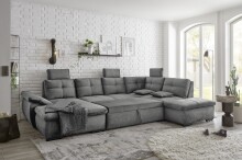 Wohnlandschaft >ALIJA< Schlaffunktion, Bettkasten, 3 Kopfstützen, Armlehnverstellung, in grau - 334x107x170/217 (BxHxT)