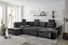 Wohnlandschaft >ALIJA< Schlaffunktion, Bettkasten, 3 Kopfstützen, Armlehnverstellung, in schwarz - 334x107x170/217 (BxHxT)