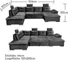 Wohnlandschaft >ALIJA< Schlaffunktion, Bettkasten, 3 Kopfstützen, Armlehnverstellung, in schwarz - 334x107x170/217 (BxHxT)