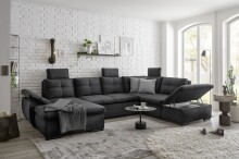 Wohnlandschaft >ALIJA< Schlaffunktion, Bettkasten, 3 Kopfstützen, Armlehnverstellung, in schwarz - 334x107x170/217 (BxHxT)
