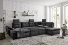 Wohnlandschaft >ALIJA< Schlaffunktion, Bettkasten, 3 Kopfstützen, Armlehnverstellung, in schwarz - 334x107x170/217 (BxHxT)