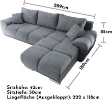 Ecksofa >ANTON< links / rechts montierbar, Schlaffunktion, Bettkasten, 5 Kissen, in anthrazit - 289x85x189 (BxHxT)