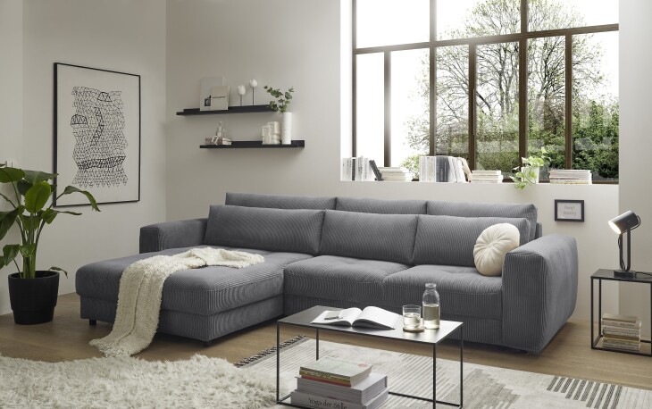 Ecksofa >BARURA< links/rechts aufbaubar,  6 Kissen, Cord dunkelgrau "ash" - 333x90x194 (BxHxT)