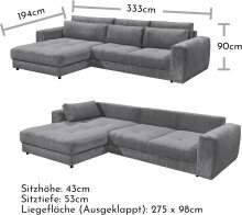 Ecksofa >BARURA< links/rechts aufbaubar,  6 Kissen, Cord dunkelgrau "ash" - 333x90x194 (BxHxT)