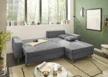 Ecksofa >LARINA< links/rechts aufbaubar, Schlaffunktion, Bettkasten, 6 Kissen, Bezug Cord dunkelgrau "ash" - 282x92x186 (BxHxT)