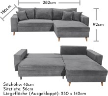 Ecksofa >LARINA< links/rechts aufbaubar, Schlaffunktion, Bettkasten, 6 Kissen, Bezug Cord dunkelgrau "ash" - 282x92x186 (BxHxT)
