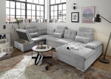 Wohnlandschaft >MEDAN< Schlaffunktion, Bettkasten, 3 Kopfstützen, Armlehnfunktion, in light grey - 324x107x170/218 (BxHxT)