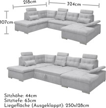 Wohnlandschaft >MEDAN< Schlaffunktion, Bettkasten, 3 Kopfstützen, Armlehnfunktion, in light grey - 324x107x170/218 (BxHxT)