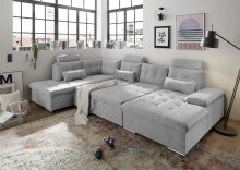 Wohnlandschaft >MEDAN< Schlaffunktion, Bettkasten, 3 Kopfstützen, Armlehnfunktion, in light grey - 324x107x170/218 (BxHxT)