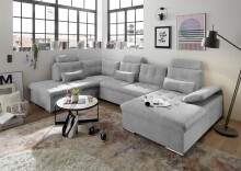 Wohnlandschaft >MEDAN< Schlaffunktion, Bettkasten, 3 Kopfstützen, Armlehnfunktion, in light grey - 324x107x170/218 (BxHxT)