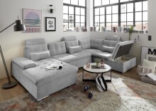 Wohnlandschaft >MEDAN< Schlaffunktion, Bettkasten, 3 Kopftützen, Armlehnfunktion, in light grey - 324x107x170/218 (BxHxT))