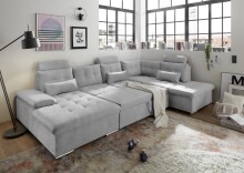 Wohnlandschaft >MEDAN< Schlaffunktion, Bettkasten, 3 Kopftützen, Armlehnfunktion, in light grey - 324x107x170/218 (BxHxT))