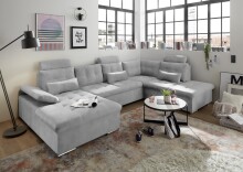 Wohnlandschaft >MEDAN< Schlaffunktion, Bettkasten, 3 Kopftützen, Armlehnfunktion, in light grey - 324x107x170/218 (BxHxT))